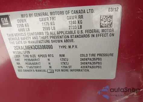 2012 GMC Terrain Sle-1 z USA, uszkodzony, nr VIN 2GKALMEK3C6306090